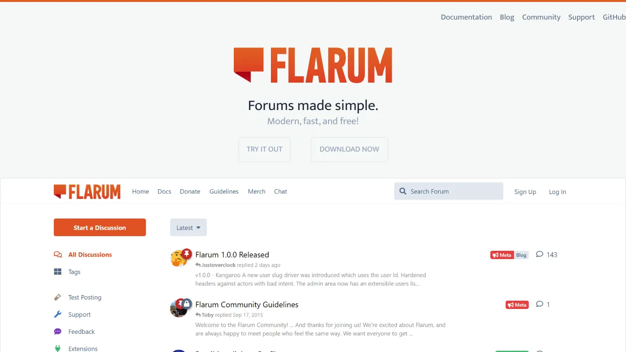 Screenshot of Flarum website