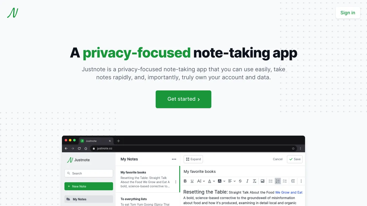 Screenshot of Justnote website