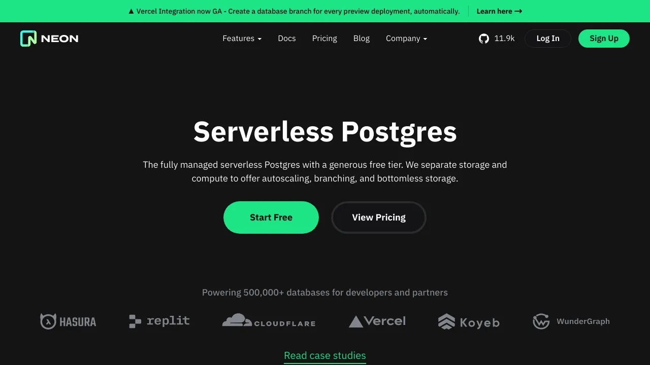 Screenshot of Neon Postgres website